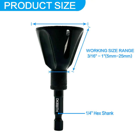 Carbide Deburring Tool For Chamfering External Edges On Threaded Rods Bolts And Pipes That Bust Burrs Fast On Copper Metal 3D Printing Resin And PVC Parts Fits 3 16th To 1 Inch Diameters Hex Shank, showing product size and hex shank
