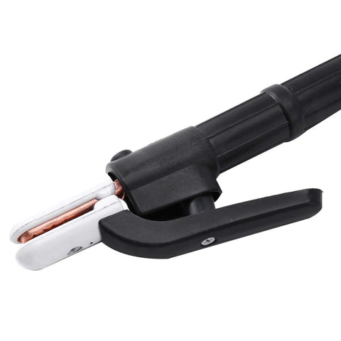 Heavy Duty Welding Clamp Electrode Holder With 10 Foot Cable Designed For Stick Welding Jobs features a close-up of grooved jaws and grip.