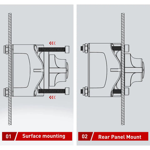 Diagram showing surface and rear panel mounting options for Beefy Heavy Duty Battery Switch 12 to 48 Volt Waterproof Master Disconnect Isolator.