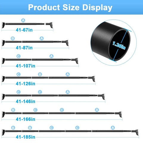 Product sizes of Heavy Duty No Drill Tension Curtain Rod Black Adjustable 41 To 185 Inch Extra Long Rod For Windows Patio And Bathroom