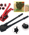 Heavy Duty Electric Strapping Machine And Hydraulic Crimping Tool Set featuring red tensioner and black crimping tool for easy packaging.