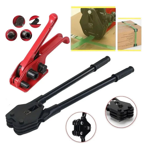 Heavy Duty Electric Strapping Machine And Hydraulic Crimping Tool Set featuring red tensioner and black crimping tool for easy packaging.