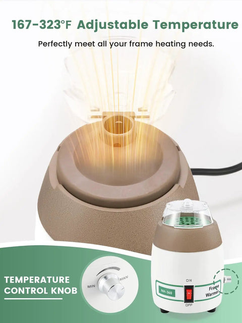 Premium Eyeglass Frame Warmer Featuring Rapid Heat Adjustment And A Slick Dual Safety Shield For Quick Optical Lens Repair And Effortless Specs Bending Sessions with temperature control knob and heating element.