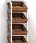 4 Tier Beefy Walnut Look Steel Frame Storage Rack Rock Solid Heavy Duty Floor Shelf with four wooden bins for groceries.