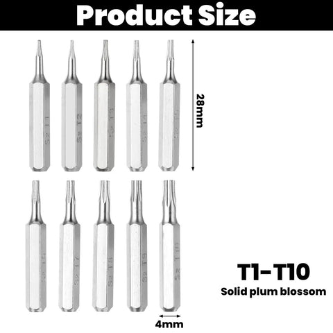 10 Piece Torx Bit Set With 28mm Long Bits, Precision S2 Alloy Steel, T1 To T10 shown in front view