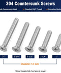 Heavy Duty Number Eight Thirty Two By One Half Inch Phillips Flat Head Machine Screws Packed In A Rock Solid Hundred Count Of Rust Resistant 304 Grade Stainless Steel Fasteners Built Different For Unc Coarse Thread Fit in 5 sizes.