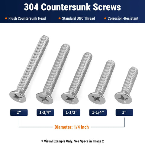 Heavy Duty Number Eight Thirty Two By One Half Inch Phillips Flat Head Machine Screws Packed In A Rock Solid Hundred Count Of Rust Resistant 304 Grade Stainless Steel Fasteners Built Different For Unc Coarse Thread Fit in 5 sizes.