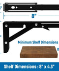 Image showing Built To Survive Anything These Hella Tough 8 Inch Folding Shelf Brackets in black, with dimensions labeled, ideal for utility.