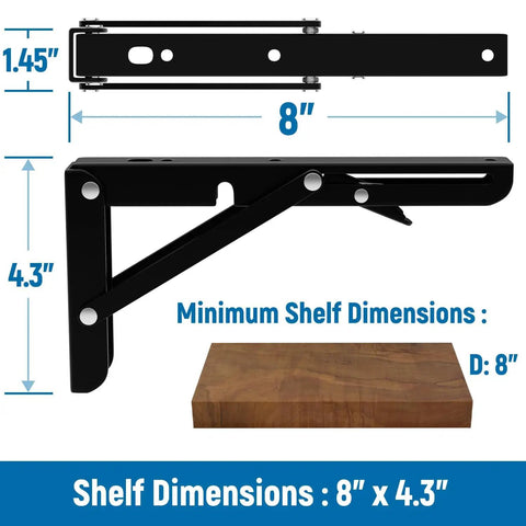 Image showing Built To Survive Anything These Hella Tough 8 Inch Folding Shelf Brackets in black, with dimensions labeled, ideal for utility.