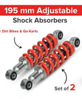 195mm Adjustable Shock Absorbers Set Of 2 For Dirt Bikes And Go Karts Universal Fit Up To 450 Lbs in red and silver.