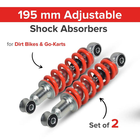 195mm Adjustable Shock Absorbers Set Of 2 For Dirt Bikes And Go Karts Universal Fit Up To 450 Lbs in red and silver.