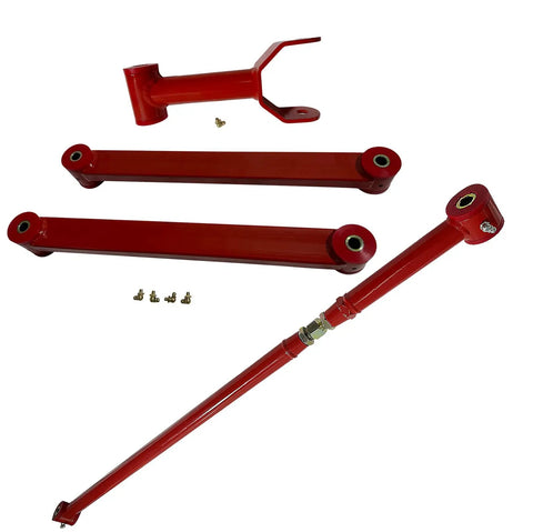 4-Piece Rear Upper And Lower Control Arm Kit With Adjustable Track Bar For 2005-2010 Ford Mustang 2-Door, Heavy-Duty HD Steel Suspension Upgrade For Improved Handling And Ride Quality., red steel rear control arms and adjustable track bar with bushings