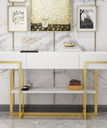Rugged Industrial Console Table With Easy Slide Drawer And Two Tier Open Storage Shelf Designed For Cramped Hallways Apartments Or Entryways Narrow Sofa Side Table, white finish with gold frame
