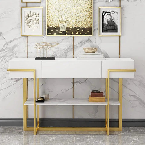 Rugged Industrial Console Table With Easy Slide Drawer And Two Tier Open Storage Shelf Designed For Cramped Hallways Apartments Or Entryways Narrow Sofa Side Table, white finish with gold frame