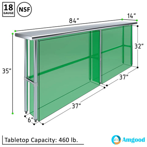 Rock Solid Heavy Duty Stainless Steel Work Table With Open Base Commercial Grade Metal Prep Bench For Restaurants Garages And Workshop Areas 84 Inch Long By 14 Inch Deep dimensions and materials showcased.