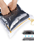 Hands compressing clothes in a Space Saving Vacuum Bags For Travel 10 Pack No Pump Needed Compression Storage Bags For Luggage.