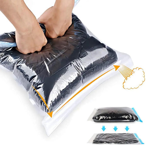 Hands compressing clothes in a Space Saving Vacuum Bags For Travel 10 Pack No Pump Needed Compression Storage Bags For Luggage.