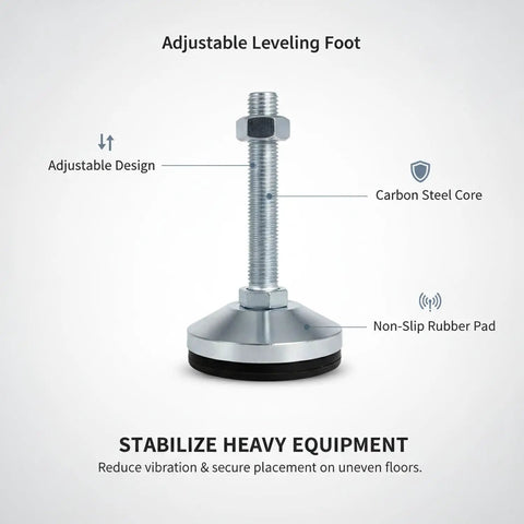 Adjustable Leveling Foot For Furniture To Stop Wobble On Irregular Floors, Carbon Steel Leg With Black Finish, Built-In D40 Rubber Pad