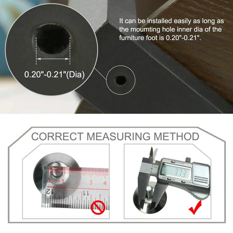 Diagram showing installation and measuring method for Adjustable Leveling Feet For Furniture With M6 Thread 20mm Length And 25mm Base Diameter