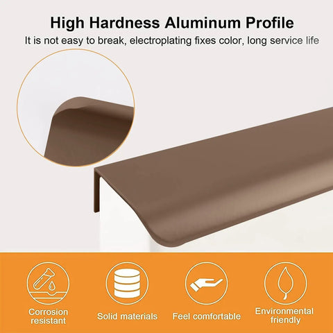 Close-up of Curved Aluminum Finger Edge Drawer Pulls 120mm Brown 16 Pack in modern style, highlighting aluminum profile and features.