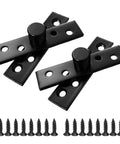 Two Pack 360 Degree Concealed Door Hinge Set In Black Stainless Steel Pivot Hinge For In Wall TV Swivel And Camper Playscape Doors Up Down Mounting Brushed Finish Durable Corrosion Resistant Easy Install High Strength, hinges and screws displayed on white background