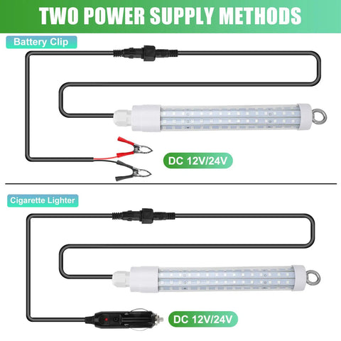Ultra Bright Underwater Fishing Light 10.5W 1000 Lumens Green 8 Inch Submersible Boat Lamp with two power supply options.