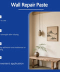 DIY Wall Repair Paste Kit With Scraper And Sandpaper Fast Drying Drywall Patch Paste For Holes And Cracks Multi Purpose Mending Paste 3 Piece Set With Nozzle Extender Ideal For Quick Home Wall Fixes in a serene room with a wooden bench and hanging decor.