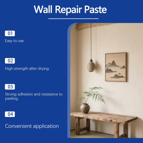DIY Wall Repair Paste Kit With Scraper And Sandpaper Fast Drying Drywall Patch Paste For Holes And Cracks Multi Purpose Mending Paste 3 Piece Set With Nozzle Extender Ideal For Quick Home Wall Fixes in a serene room with a wooden bench and hanging decor.