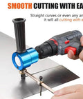 Double Head Sheet Nibbler Metal Cutter For 14 Gauge Steel Pro Grade Burr Free Edge Cuts attached to a drill cutting metal