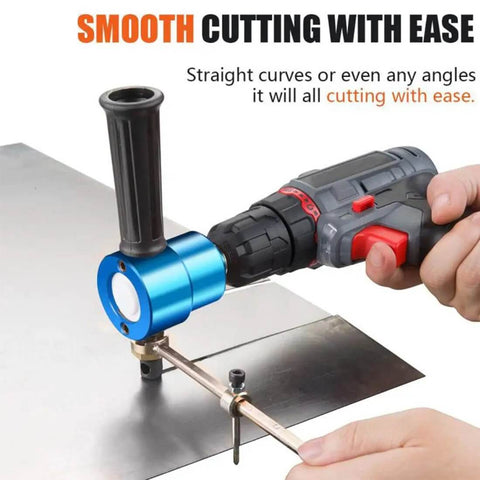 Double Head Sheet Nibbler Metal Cutter For 14 Gauge Steel Pro Grade Burr Free Edge Cuts attached to a drill cutting metal