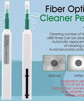 Front view of two white fiber optic cleaner pens with green tips for 2.5mm SC/FC/ST connectors.