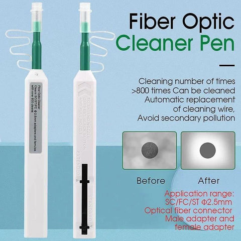 Front view of two white fiber optic cleaner pens with green tips for 2.5mm SC/FC/ST connectors.