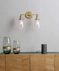 Two Light Wall Sconce With Switch Vintage Industrial Brushed Metal Fixture 5.6 Inch Bell Glass Canopy on grey wall