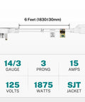 Flat Plug Extension Cord 6 Feet 14 AWG 15A 1875W White Pack Of 3 diagram showing specifications and low-profile design.