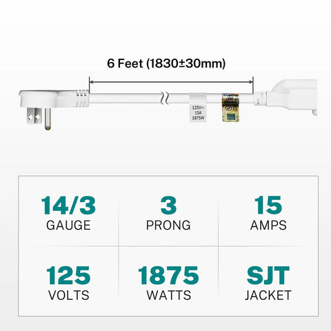Flat Plug Extension Cord 6 Feet 14 AWG 15A 1875W White Pack Of 3 diagram showing specifications and low-profile design.