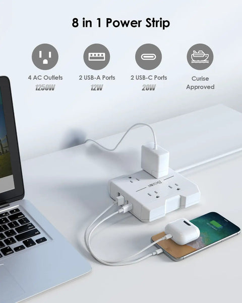 Ultra Fast PD20W USB C Power Strip With Surge Protection, 4 AC Outlets, 2 USB A Ports And 2 Fast Charging USB C Ports on desk