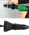 Super Easy Electric Rivet Adapter For Power Drills Fits 2 Point Four To Four Point Eight Mm Rivets With Heads Great For Car And Door Windows Build Outs Save Big Time On Labor With This Sick Three Claw Design Tool That Gets It Done Fast. black drill-mounted rivet adapter on power drill, used on pegboard