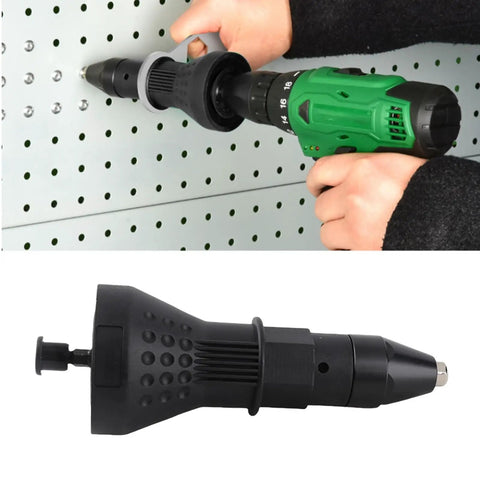 Super Easy Electric Rivet Adapter For Power Drills Fits 2 Point Four To Four Point Eight Mm Rivets With Heads Great For Car And Door Windows Build Outs Save Big Time On Labor With This Sick Three Claw Design Tool That Gets It Done Fast. black drill-mounted rivet adapter on power drill, used on pegboard