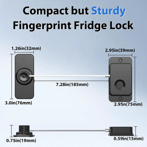 Kid Proof Refrigerator Lock With Fingerprint Unlock No Keys No Drills Easy Mount Adhesive dimensions illustration
