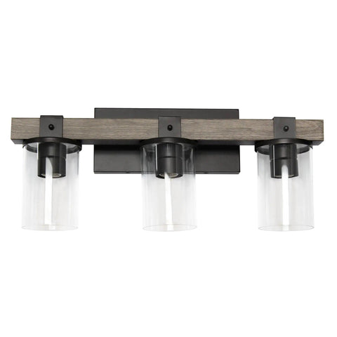 Industrial Rustic Lantern Bath Vanity Light 3 Light Cool Gray Wood Look With Clear Glass Cylinders Uplight Or Downlight Mount Hardwired Espresso Brown Mounting Deck 40W Equivalent Bulbs