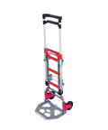 Fold Up Convertible Hand Truck With A 4 Piece Frame For Compact Storage And Easy Transport, 150 Pound Vertical Capacity And 300 Pound Horizontal Capacity, Red Powder Coated Finish For Visibility And Durability in upright position