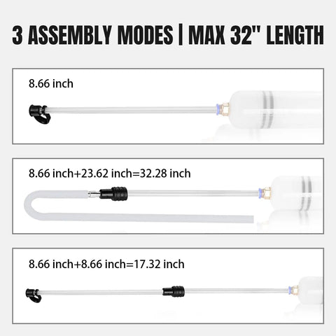 Three assembly modes of 200cc Automotive Fluid Extractor Pump with 50cm rubber hose and dual 22cm suction tubes