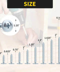 220 Piece Number 8 Truss Head Zinc Wood Screws Set With Phillips Drive, Eight Sizes from 0.5 to 2 inches, with screw size chart.