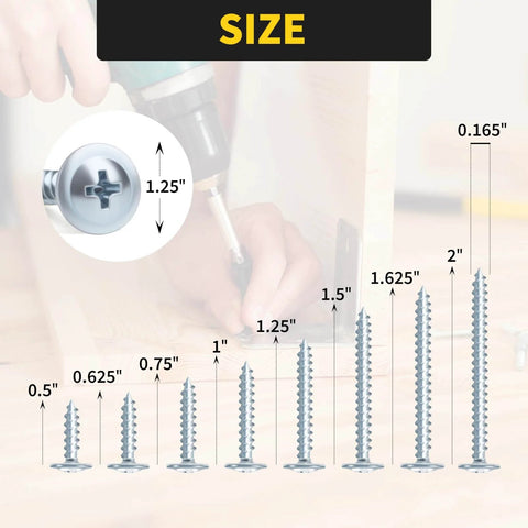220 Piece Number 8 Truss Head Zinc Wood Screws Set With Phillips Drive, Eight Sizes from 0.5 to 2 inches, with screw size chart.