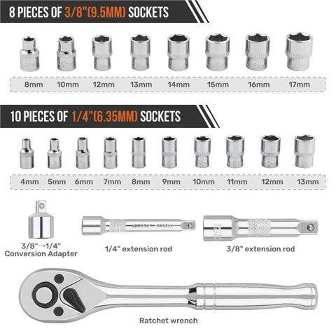 Heavy Duty Chrome Vanadium Socket Set With One Quarter And Three Eighth Inch Drive Wrenches, pieces layout with extensions