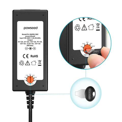 Universal AC Adapter Charger 45W All In One Power Supply With Multiple Voltages showing voltage selector knob