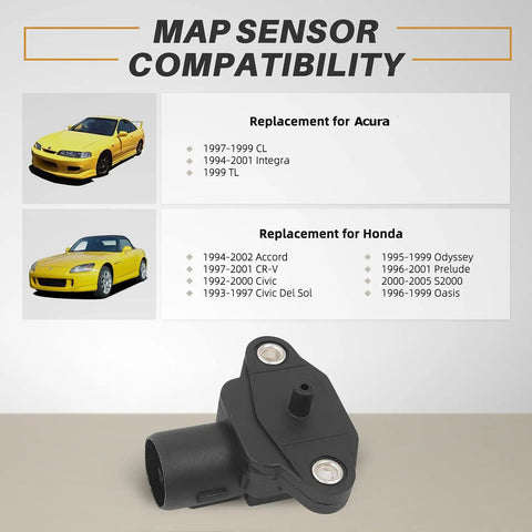 MAP Sensor Replacement For Honda Civic 1996-2000, Accord 1994-2002, Odyssey 1995-1999, Acura Integra 1994-2001, CL TL 1997-1999, Direct-Fit OEM 37830-PAA-S00 Plug And Play, black plastic sensor