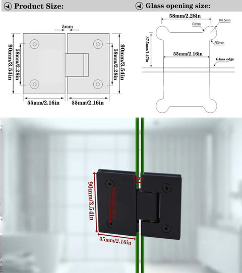 Diagram of 180 Degree Frameless Shower Door Hinge Set in Black Finish with dimensions for 8-12 mm doors, 2 Pack