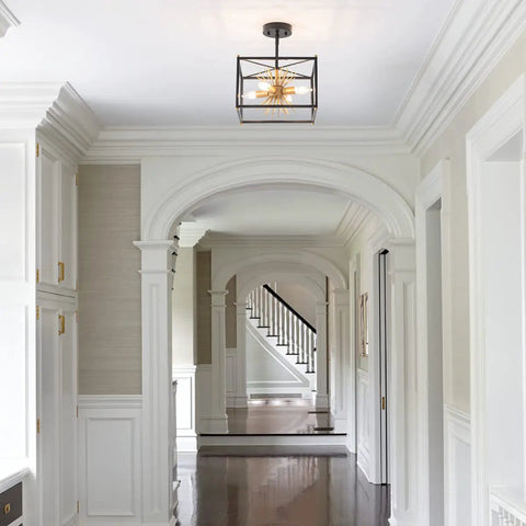 Gold Sputnik Ceiling Light Fixture Three Light Flush Mount For Hallway Entryway Dining Room And Closet Modern Mid Century Style Must Have Luxe Finish With UL Certified Safe Operation And Easy Install in hallway ceiling view