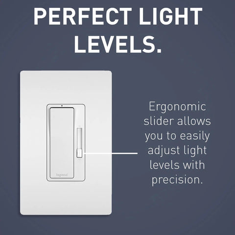 Radiant LED Dimmer Rocker Switch For Home Lighting, Single Pole To Three-Way Control, 600-Watt Capacity, locator light, white faceplate